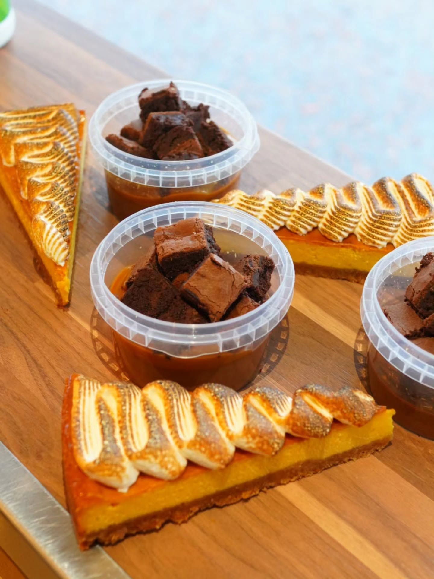 Brownie pots and baked mango cheesecake slices